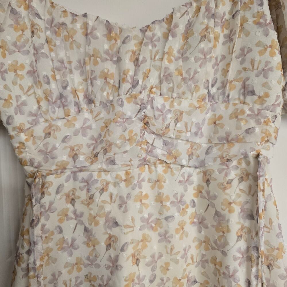 Women's Simplee Swiss Dot Floral Off the Shoulder Puff Sleeve Dress | Size Small - Picture 7 of 12